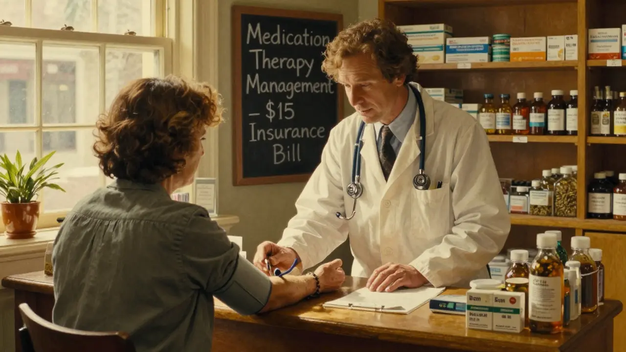 A pharmacist consults a patient about health metrics, sunlight illuminating a 'Medication Therapy Management' board.