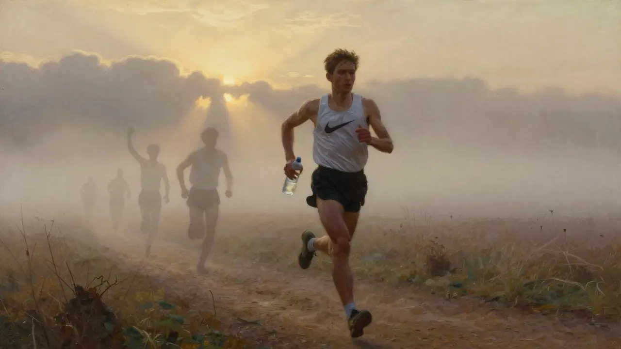 A runner at dawn with a Nike swoosh, surrounded by mist and ghostly figures of past athletes, symbolizing enduring motivation.