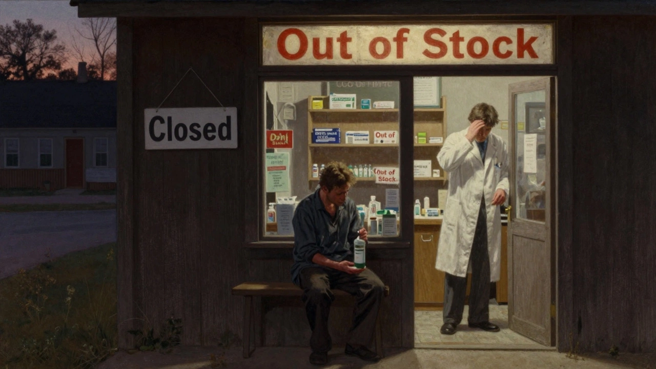 A rural pharmacy at dusk, a patient holds insulin as the pharmacist looks on helplessly, another pharmacy closed nearby.