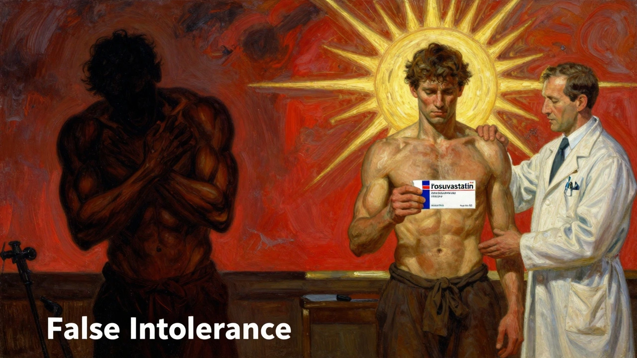A split scene showing a person in pain versus standing strong, symbolizing false statin intolerance versus successful treatment under a sunrise.