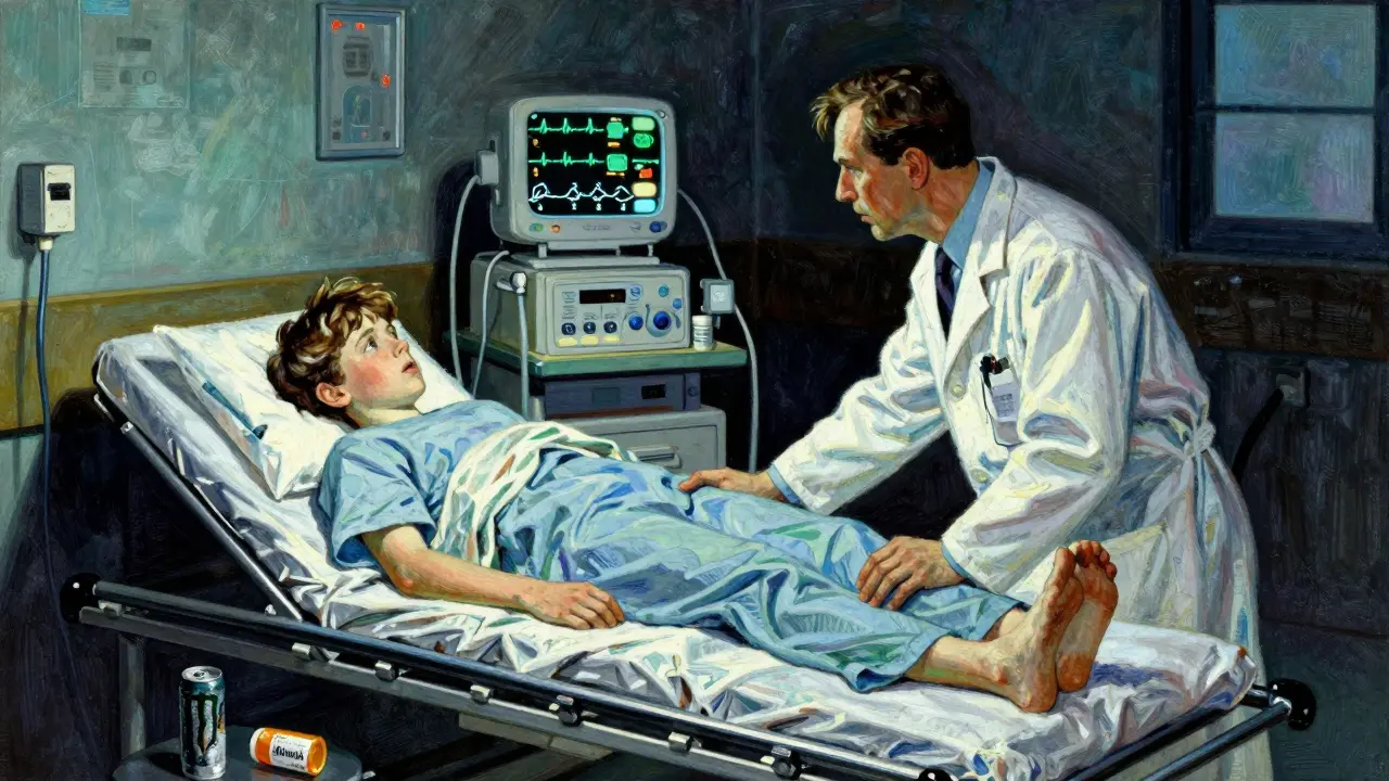 A teen in an emergency room, surrounded by medical equipment, with an empty energy drink can and pill bottle on the floor.