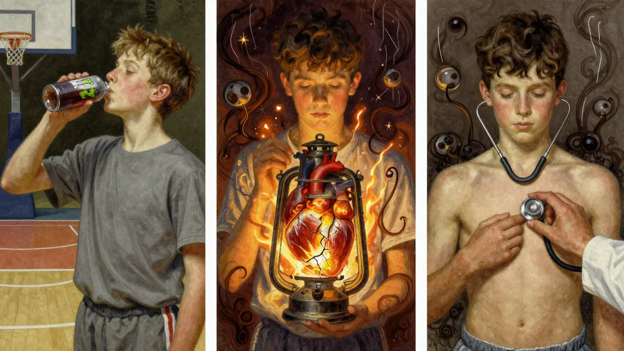 A three-part symbolic illustration showing energy drink consumption, a heart under stress, and a doctor examining a patient.