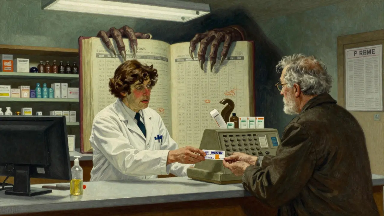 A weary pharmacy owner hands a generic prescription to an elderly patient as a PBM ledger looms.