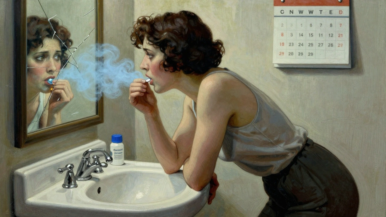 A woman takes Suboxone under her tongue, ghostly haze rising, face showing discomfort from side effects.