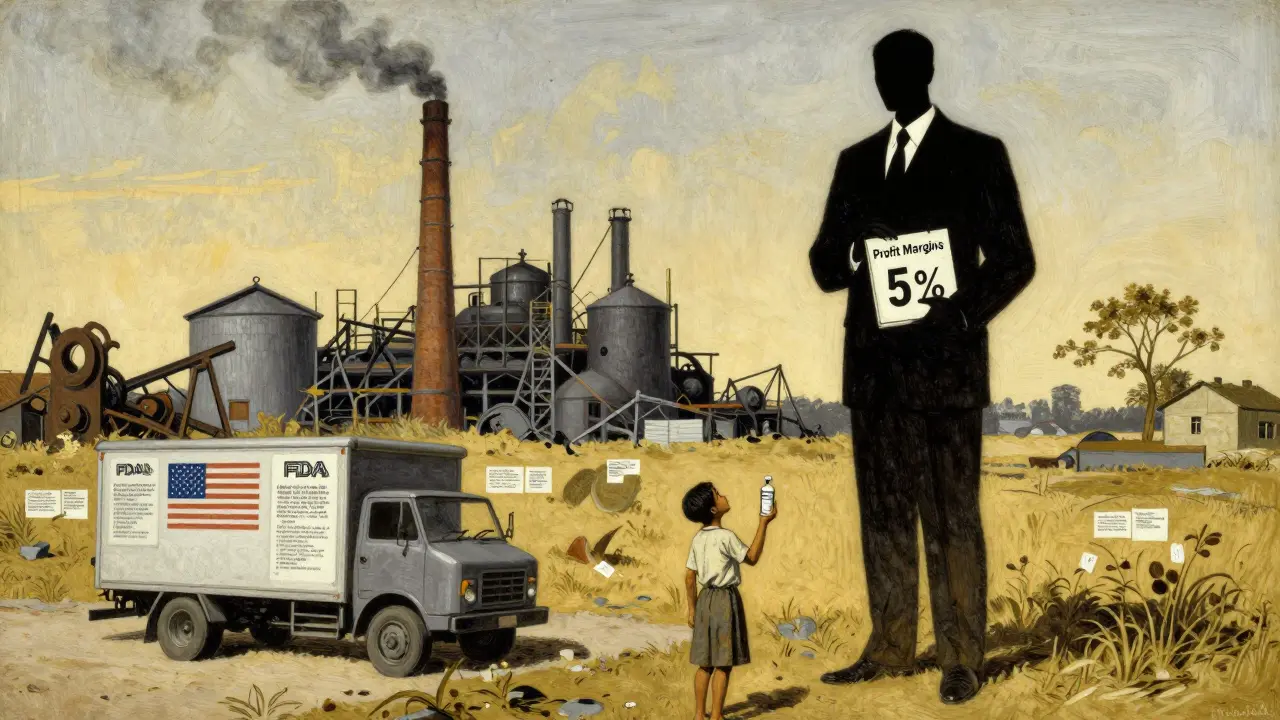 Abandoned drug factory in India with FDA notices, empty U.S. delivery truck, child holding insulin vial under shadowy figure of profit.