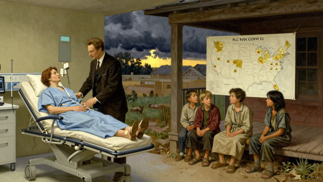 Contrasting scenes of urban CAR-T treatment and rural patients watching from afar, symbolizing healthcare inequality.
