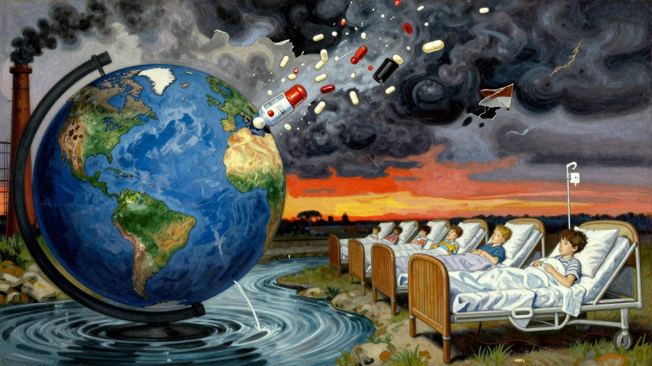Cracked globe spills empty drug bottles into river flowing toward hospital beds under stormy sky.