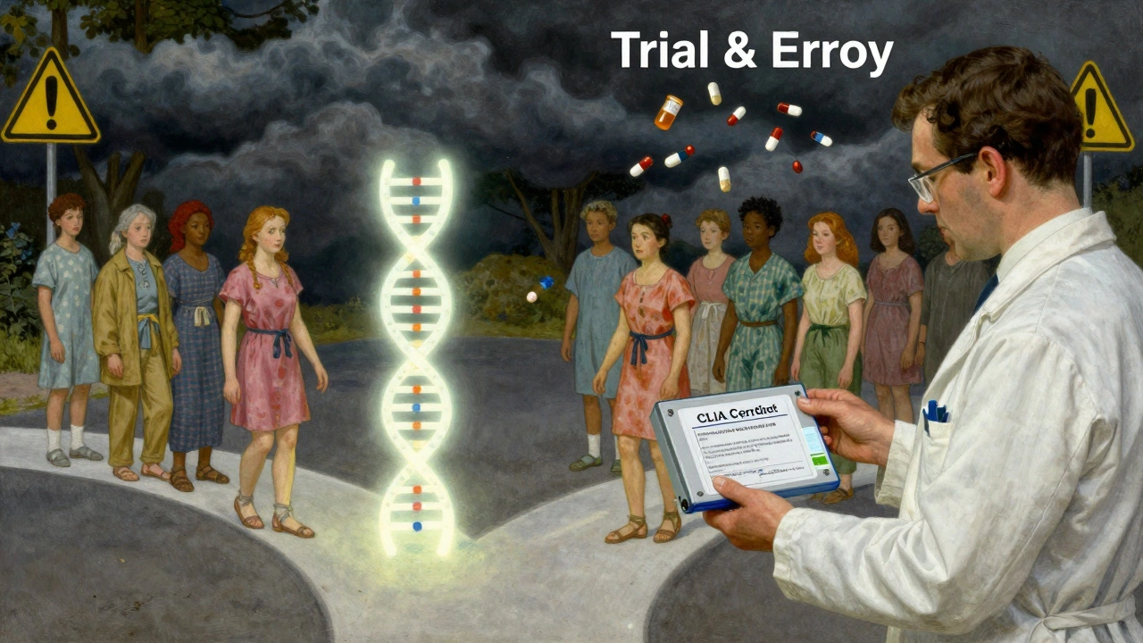Diverse patients at a crossroads—one path lit by DNA, the other dark with failing pills, guided by a pharmacist.