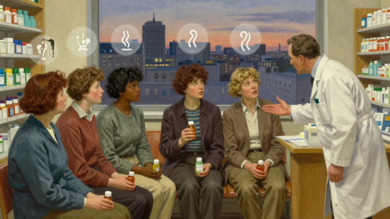 Diverse patients in pharmacy waiting area, one speaking with pharmacist as symptom icons float above them.