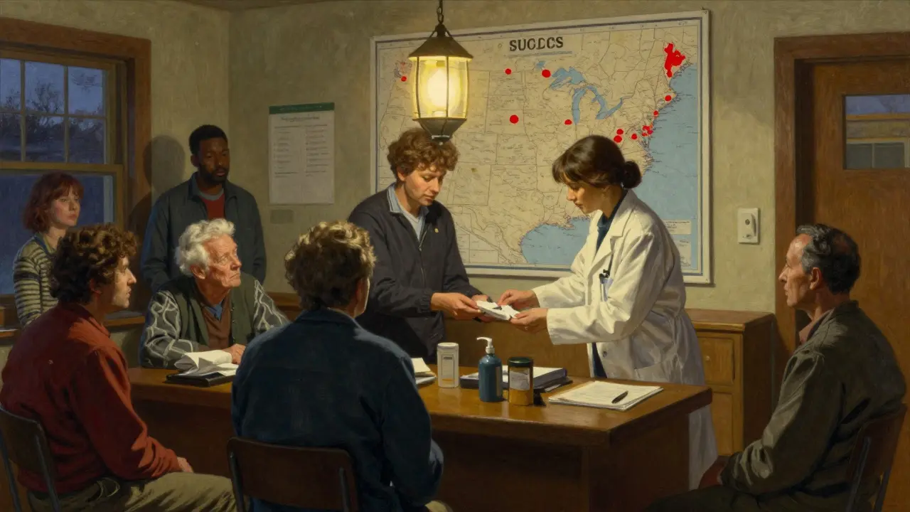 Diverse patients receive treatment in a clinic at dusk, with a U.S. map showing treatment disparities.