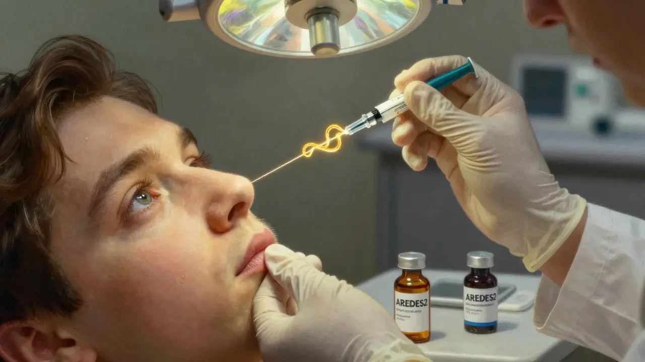 Doctor administering an eye injection, with a glowing VEGF protein strand being neutralized.