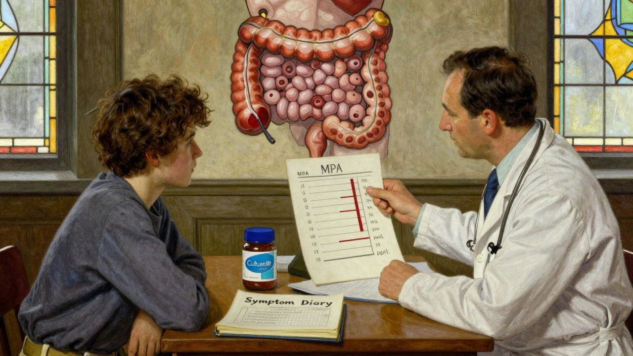 Doctor and patient review blood level chart, behind them a mural shows gut healing, probiotics on table.