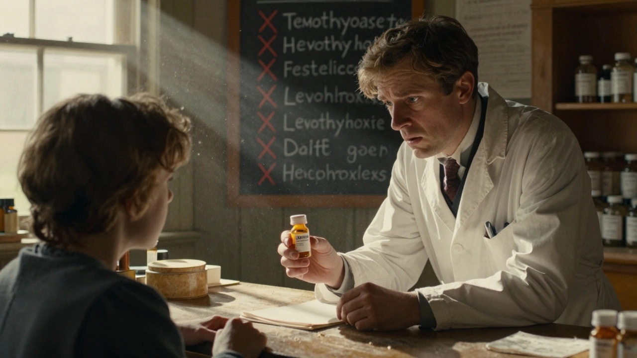 Doctor gives thyroid medication to patient at pharmacy, crossed-out drugs on chalkboard behind.