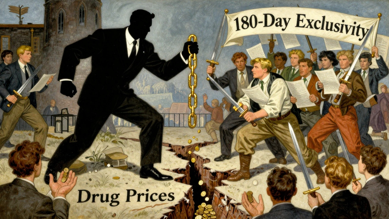 Epic battle between corporate patent holder and generic drug pioneers with coins raining down to patients.