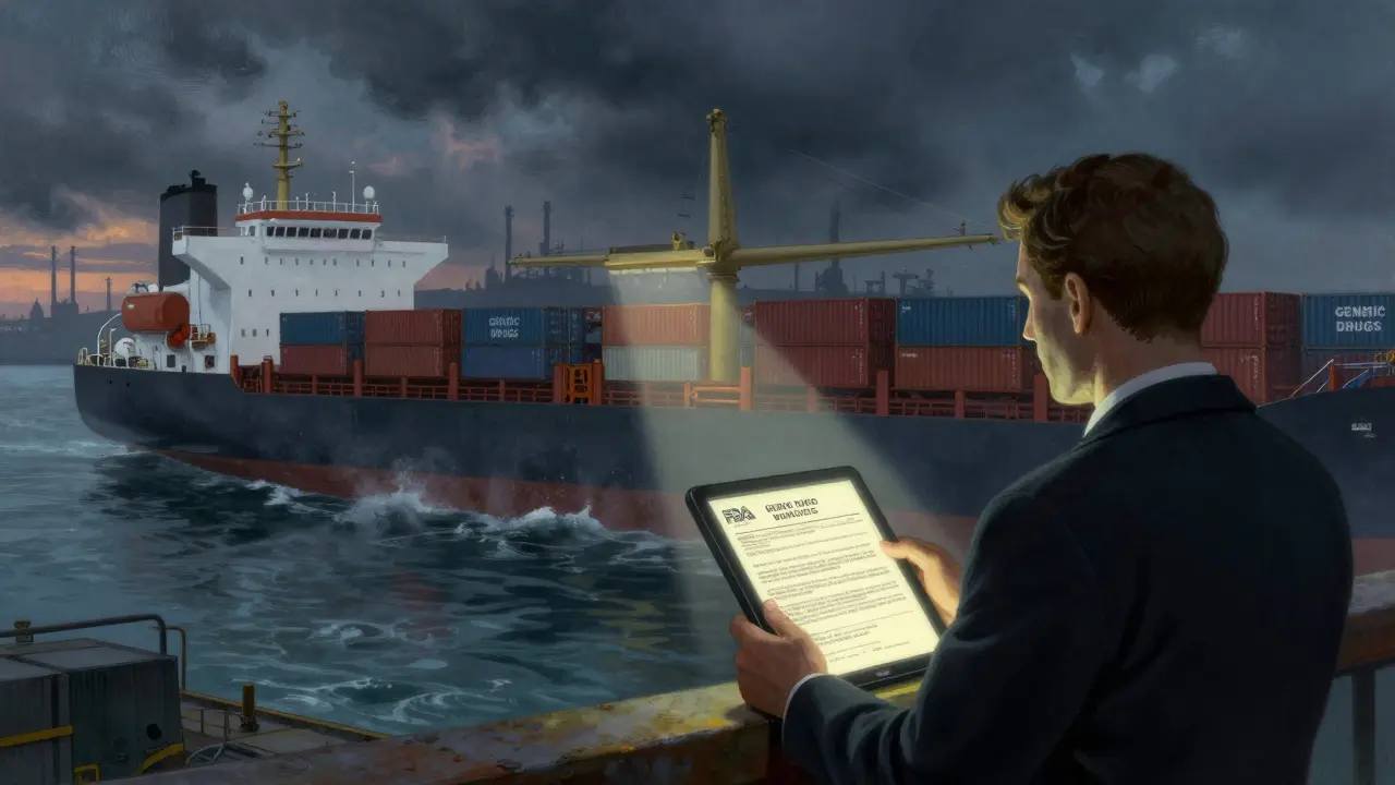 FDA inspector at port with warning letter as generic drug containers are unloaded.