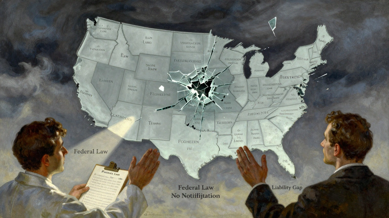 Fractured tablet above a U.S. map showing state-by-state substitution laws, with healthcare roles reaching toward it.