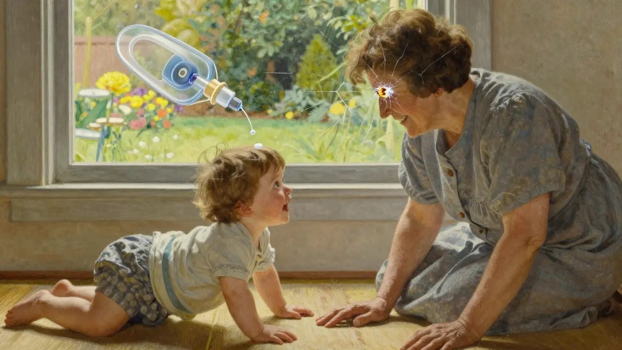 Grandmother smiling at her great-grandchild, central vision subtly fractured by translucent cracks.