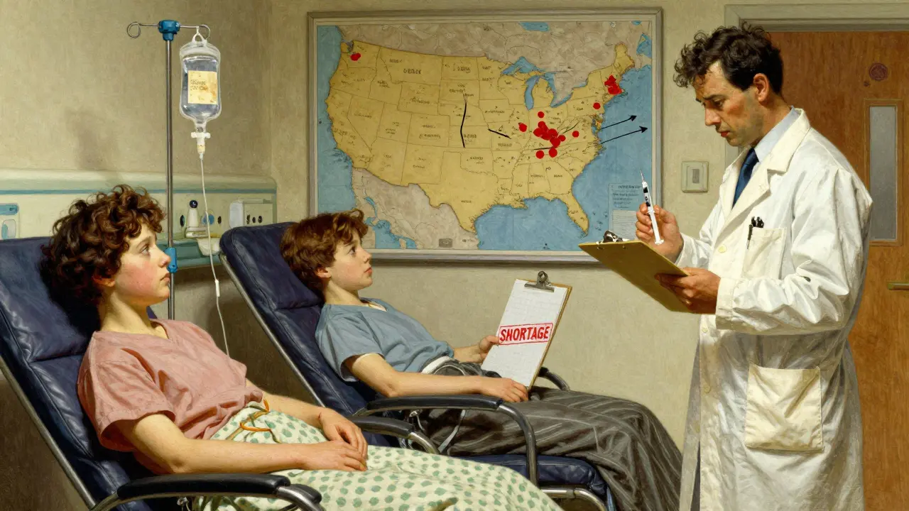 Hospital chemotherapy bay with one empty IV bag, nurse with shortage notice, doctor holding expensive substitute drug.