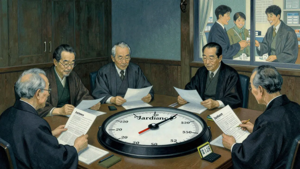 Japanese officials lowering drug prices in a solemn room, with citizens receiving medication outside, in N.C. Wyeth illustration style.
