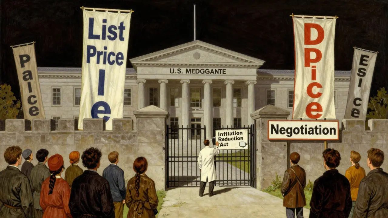 Medicare unlocking negotiation as drug company banners loom, with global patients watching, in N.C. Wyeth’s heroic illustrative style.