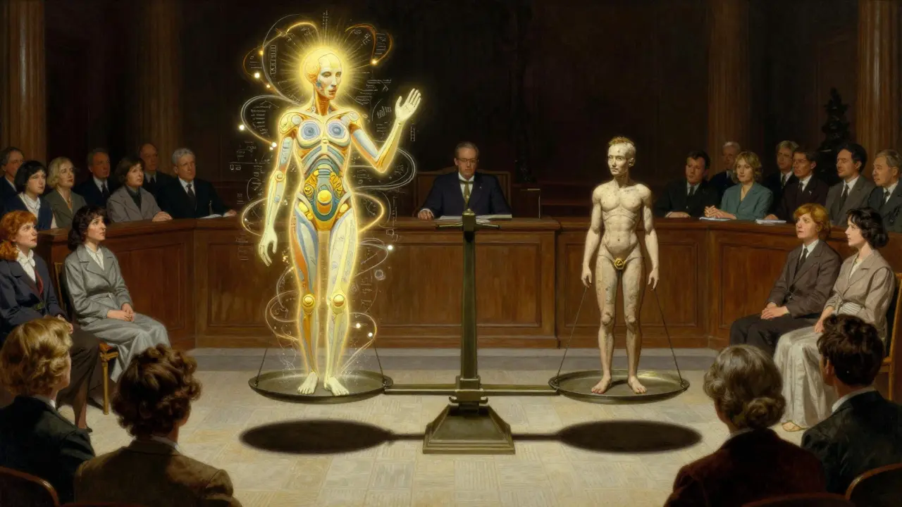 Original biologic and biosimilar drugs balanced equally on a scale, surrounded by scientific data and watching patients.