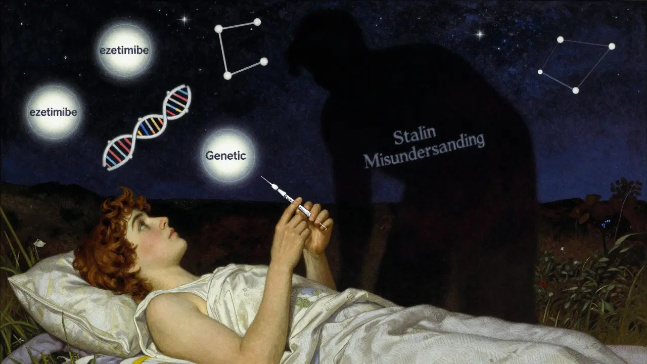 Patient receiving an injection under starlight, surrounded by floating cholesterol-lowering medication icons, in N.C. Wyeth illustration style.