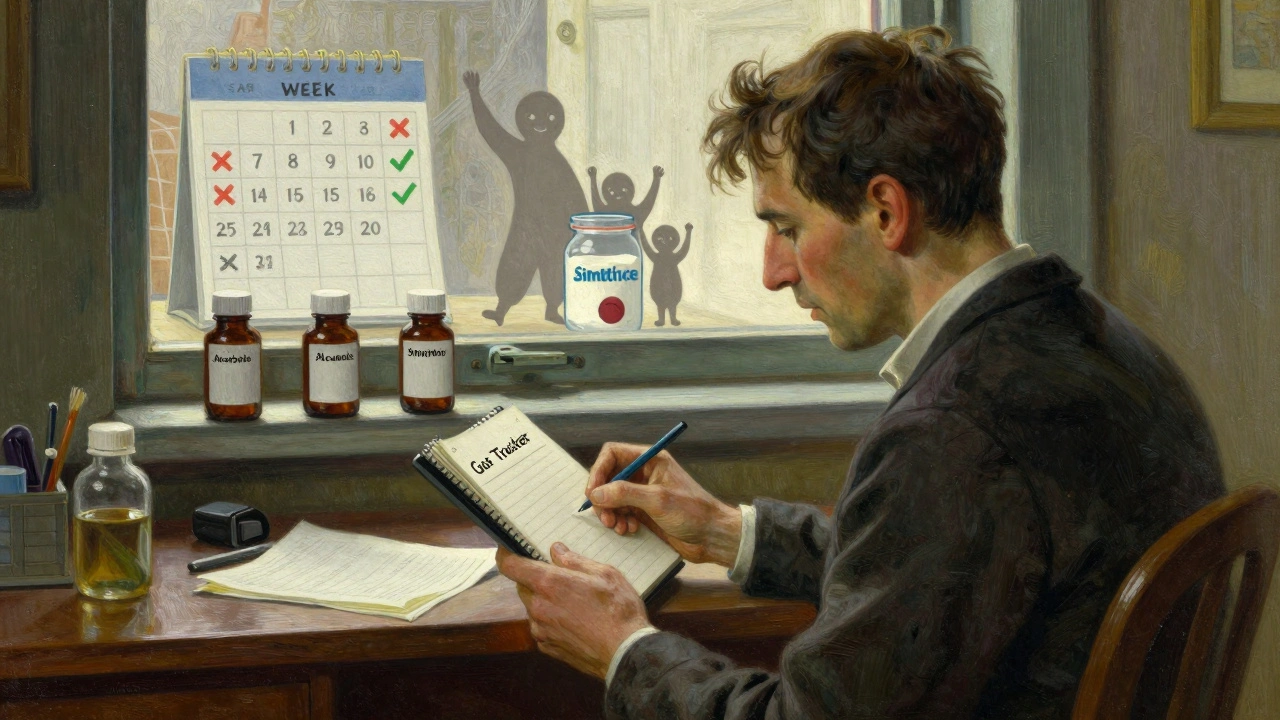 Patient tracking symptoms with medication bottles and calendar showing improvement over time