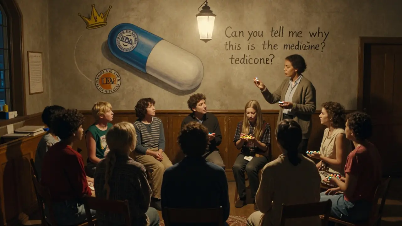 Patients sit in a circle in a church basement, holding different colored pills, as a teacher uses the Teach-Back method.