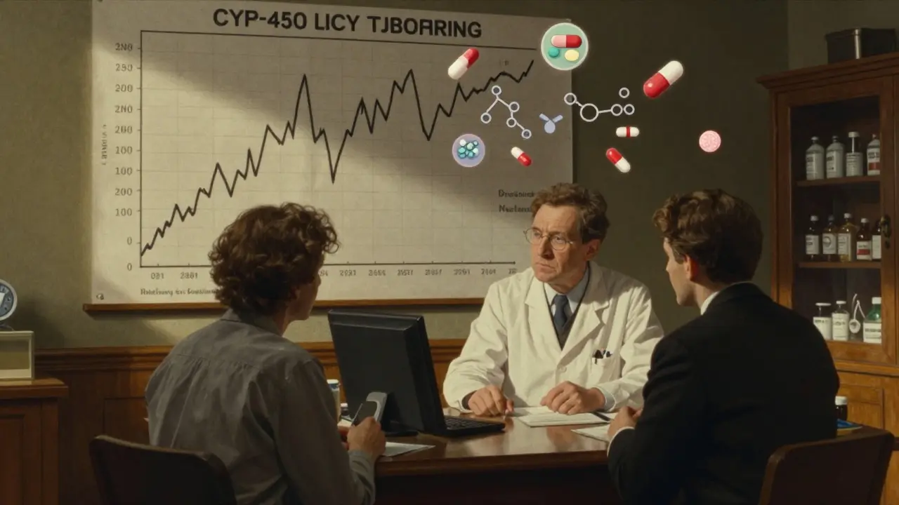 Pharmacist and patient in office with INR chart and floating drug icons under warm lamplight.