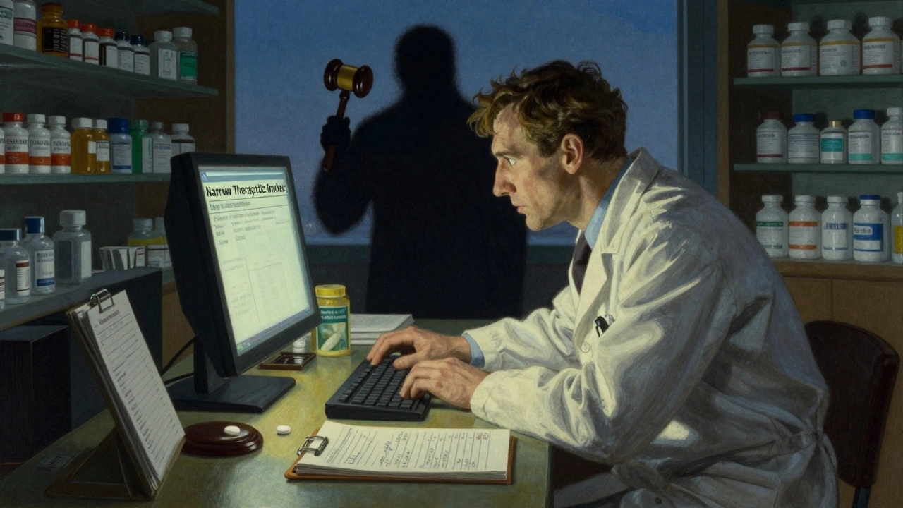 Pharmacist reviewing an EHR alert for high-risk medication, with liability symbolized by a shadowy gavel.