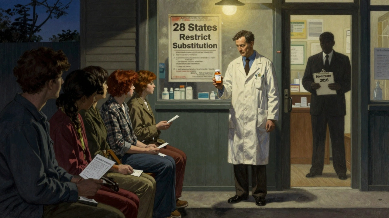 Pharmacist standing alone at dusk holding a levothyroxine bottle as patients wait outside, under a faded state law poster.