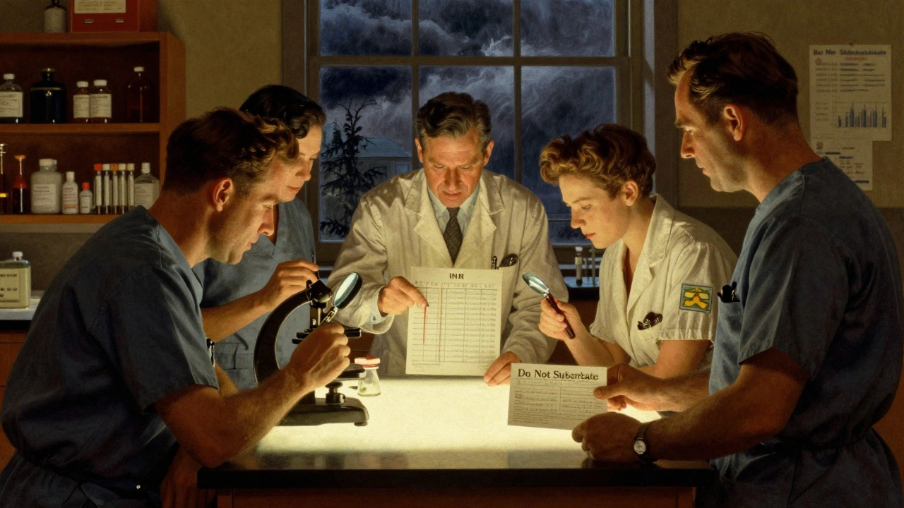Pharmacy team analyzing blood samples under a magnifying glass, with an INR chart and &#039;Do Not Substitute&#039; prescription visible.