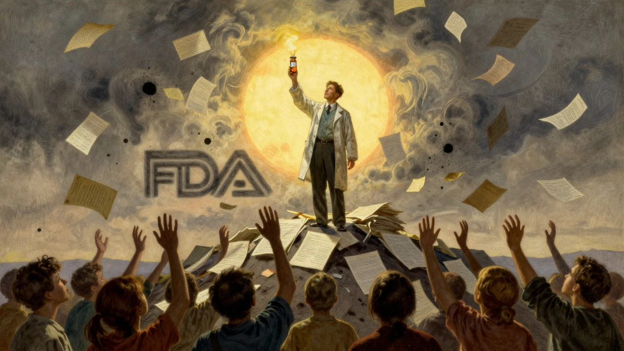 Scientist holding a pill bottle aloft atop a mountain of legal documents, patients reaching up below.