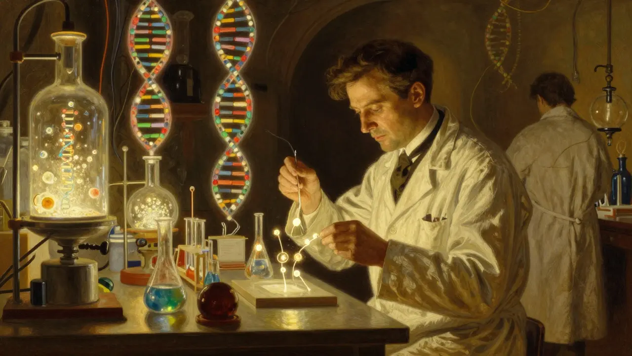 Scientists in vintage lab coats genetically modifying T cells in a glowing, alchemical laboratory setting.