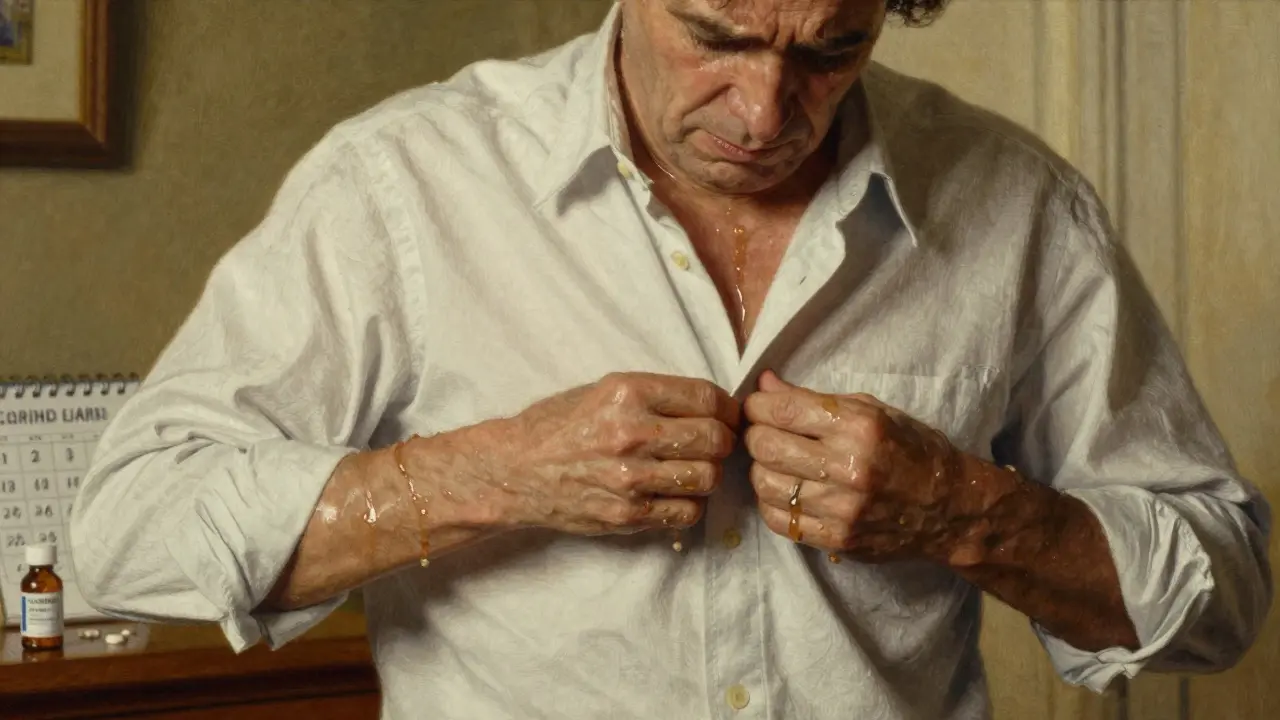 Someone struggling to button a shirt, arms stiff, with medication visible nearby.