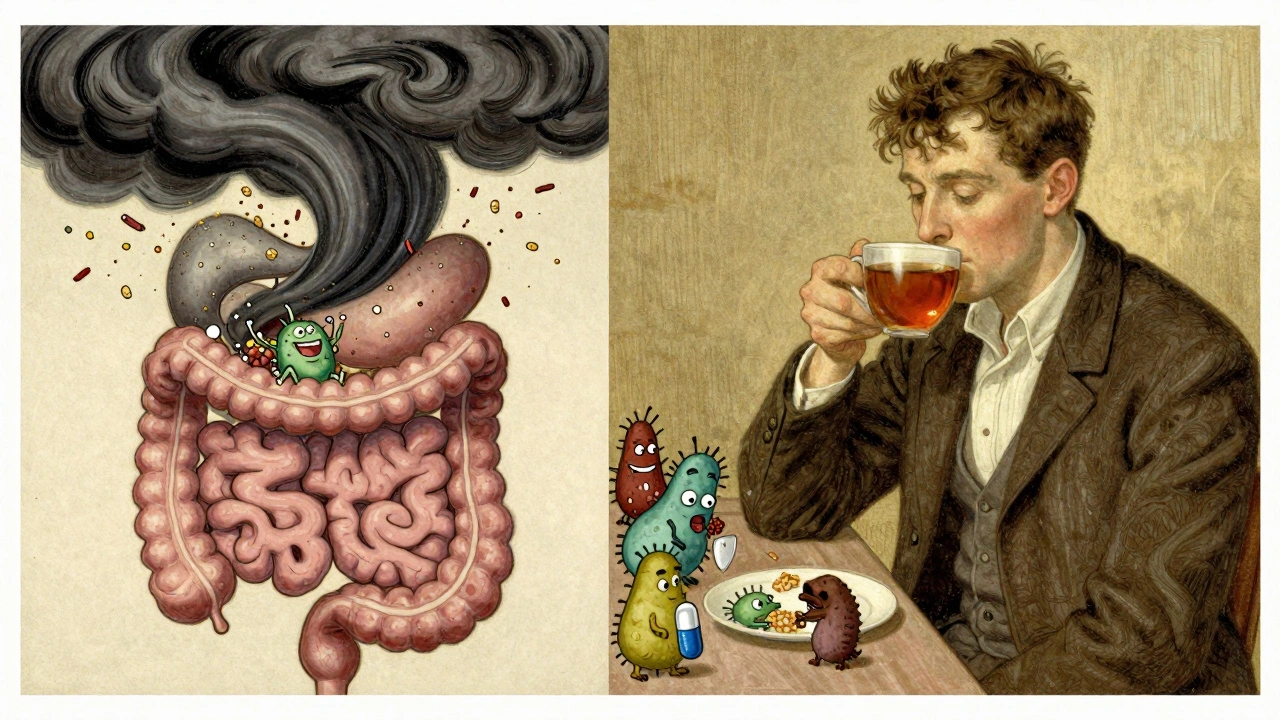 Split illustration of gut bacteria causing gas vs. calm digestion after adaptation