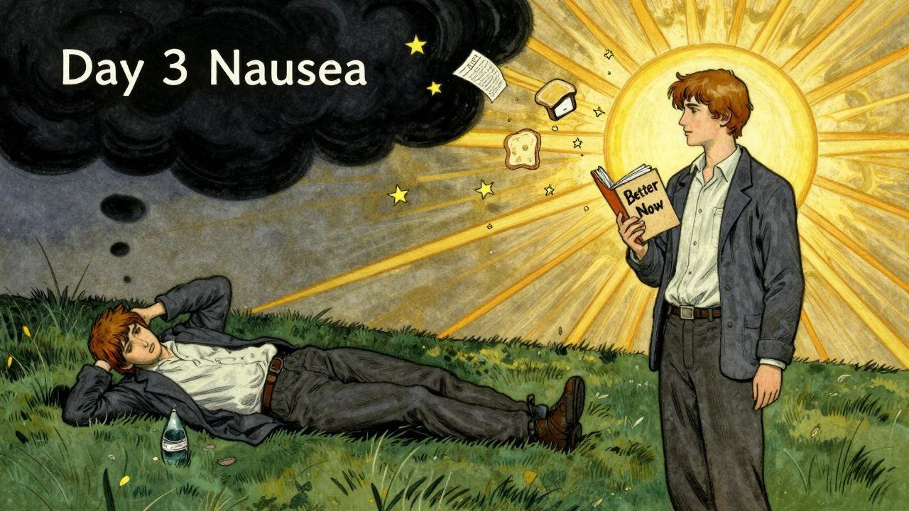 Split image: one side shows despair from nausea, the other shows hope and recovery with ginger, toast, and a doctor’s note glowing above.