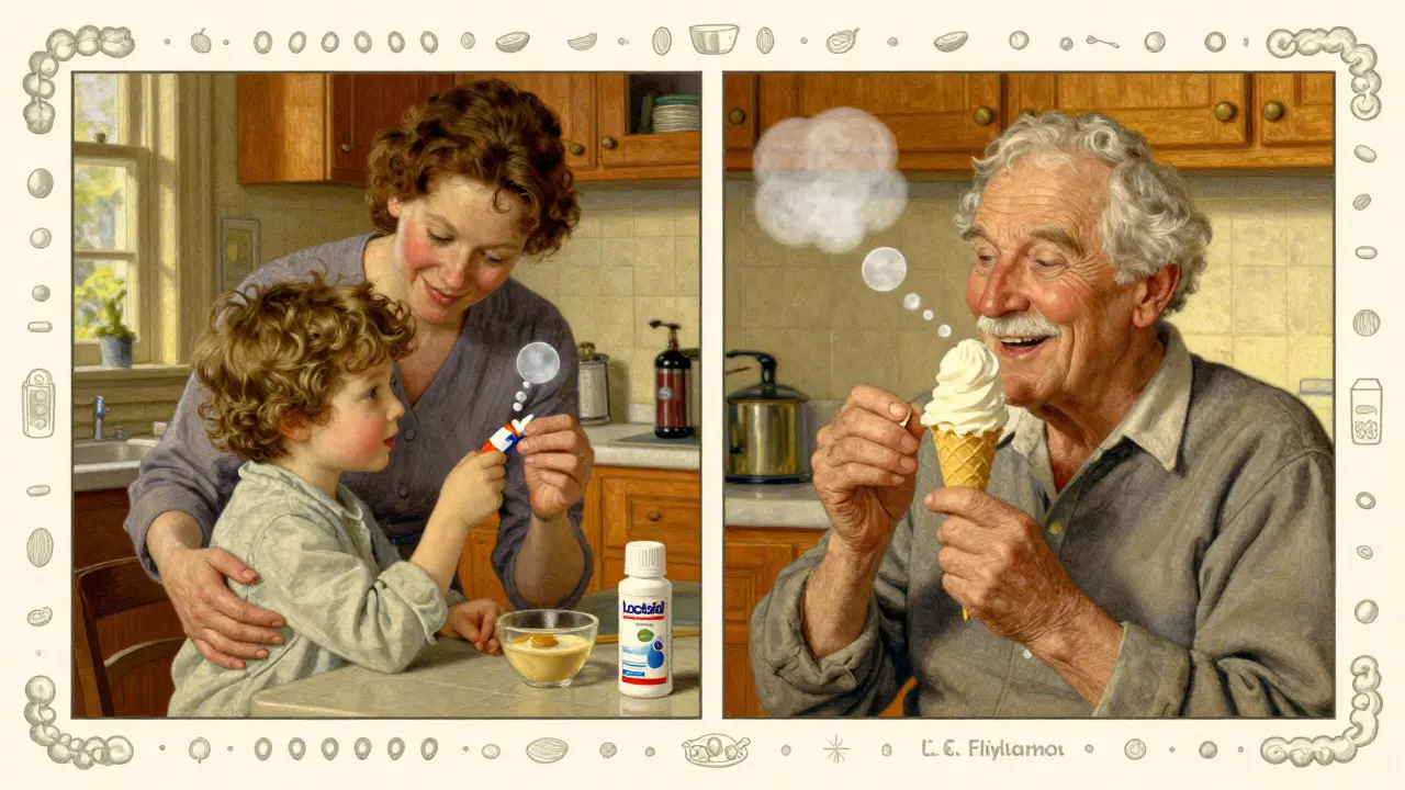 Split scene of a child and senior using gas remedies with symbolic bubbles dissolving, rendered in warm, painterly N.C. Wyeth style.