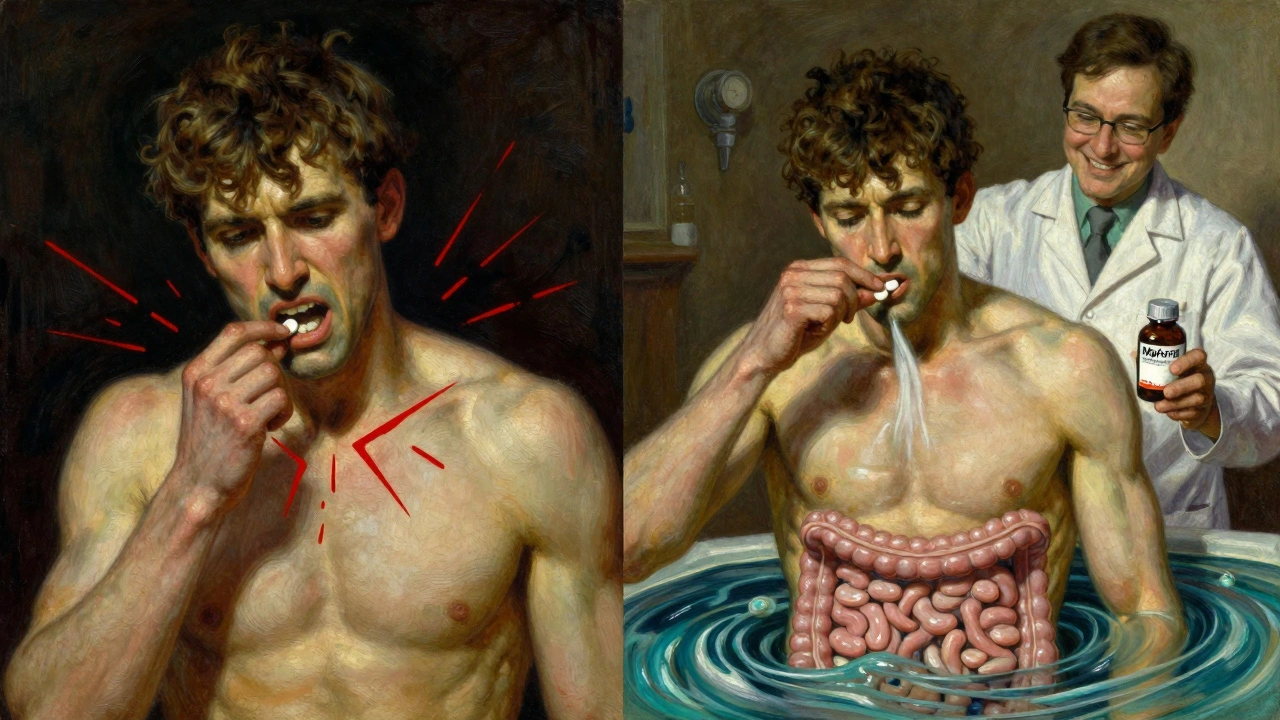 Split scene: patient taking CellCept with irritation vs. Myfortic with relief, pharmacist nearby holding probiotics.