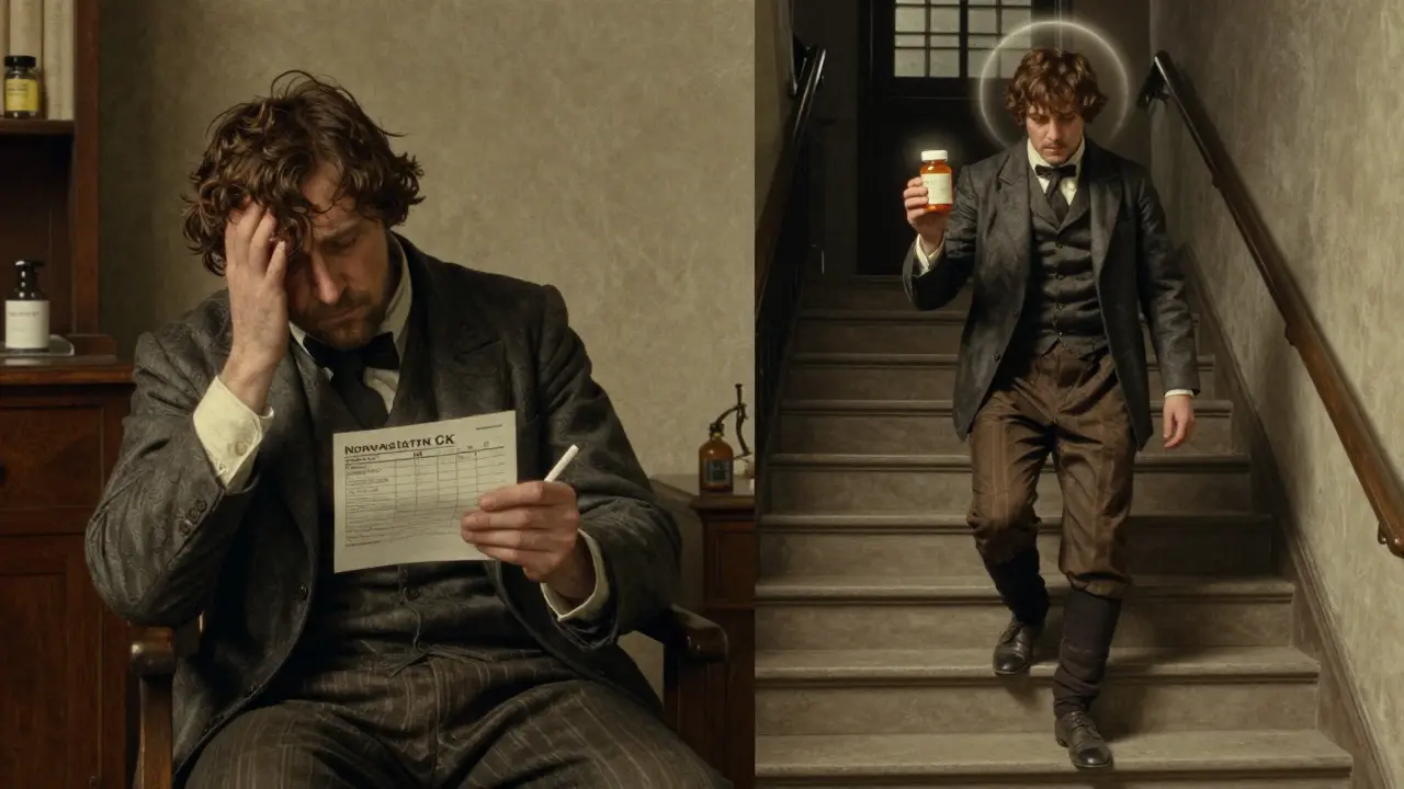 Split scene: patient with normal blood test on one side, walking confidently with new prescription on the other, in N.C. Wyeth style.