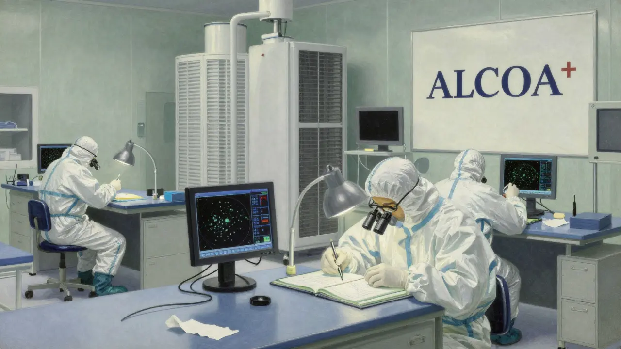 Technicians testing cleanroom surfaces under bright lamps with air filters behind them.
