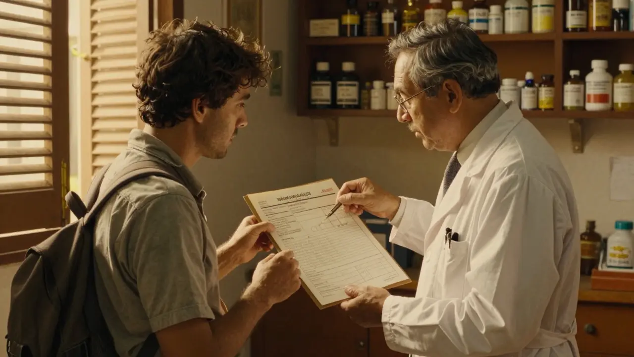 Traveler consulting a doctor in Bangkok clinic with prescription documents, sunlight through shutters.