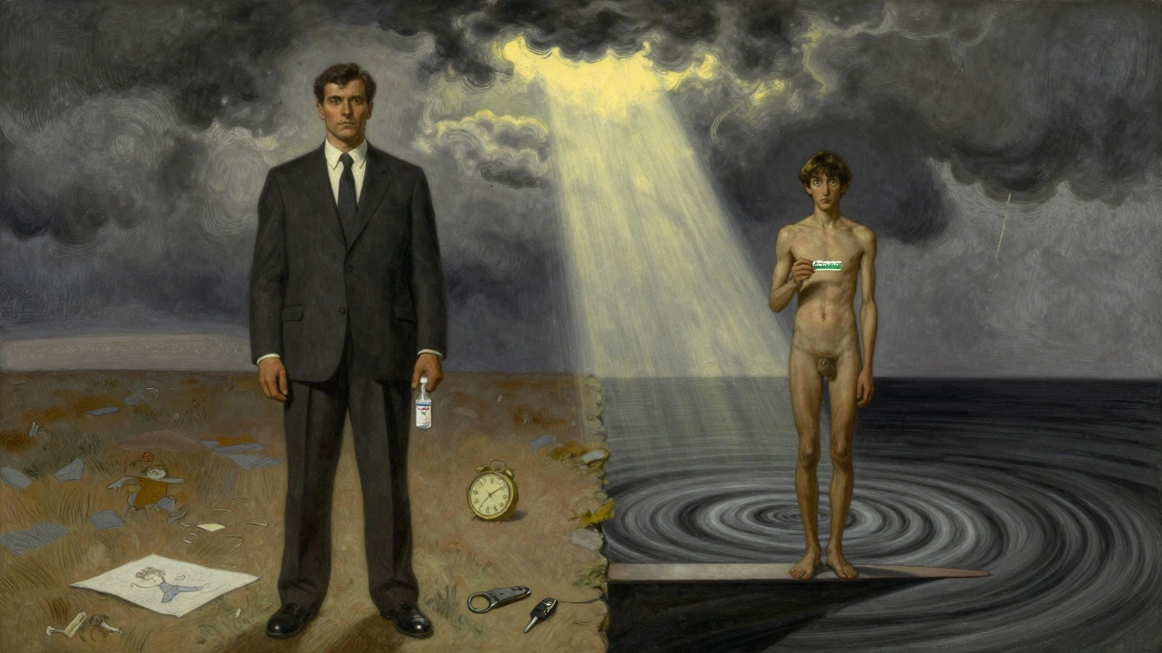 Two people stand on separate paths — one stable with methadone, the other tense with buprenorphine — under a shared beam of light.