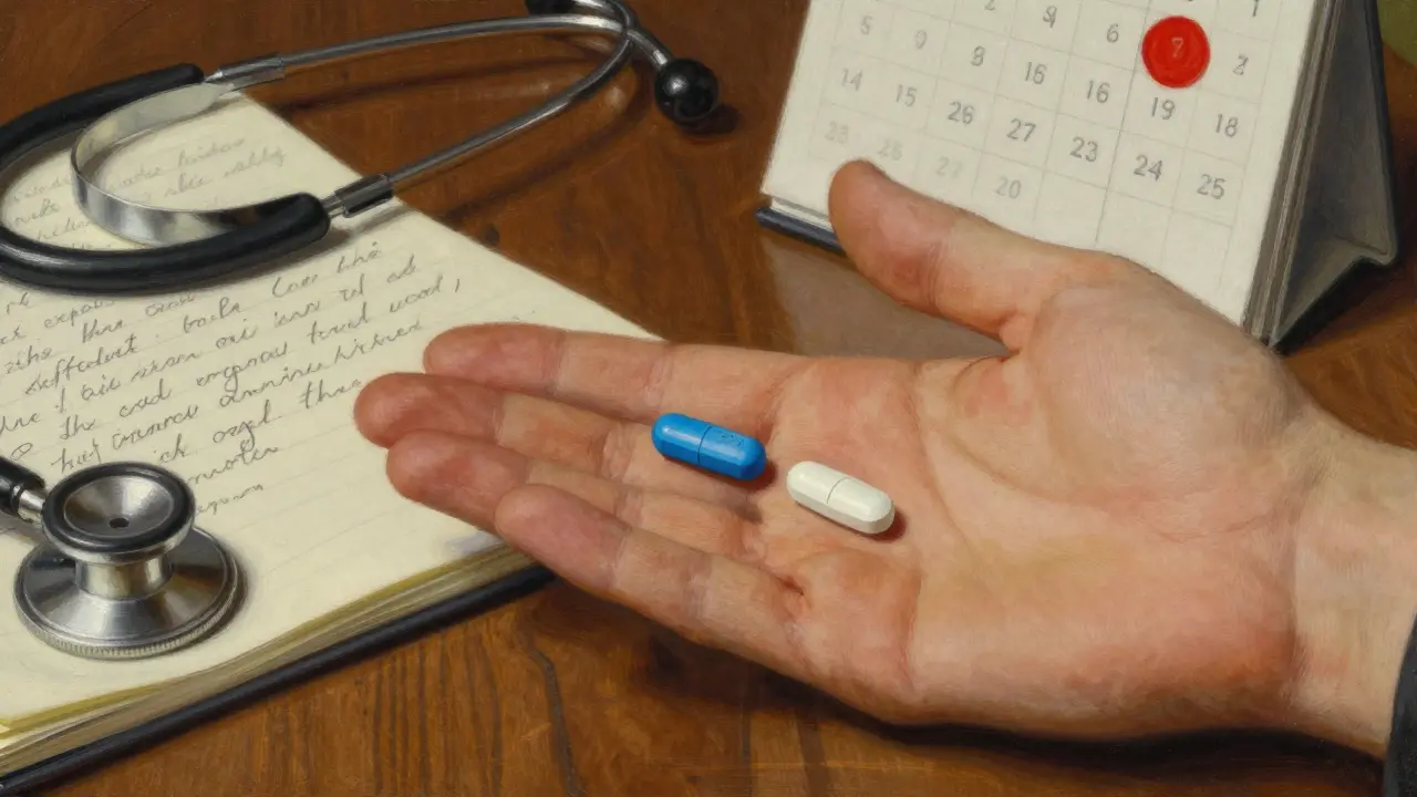 Two pills side by side—brand and generic—with handwritten notes and stethoscope on wooden table.