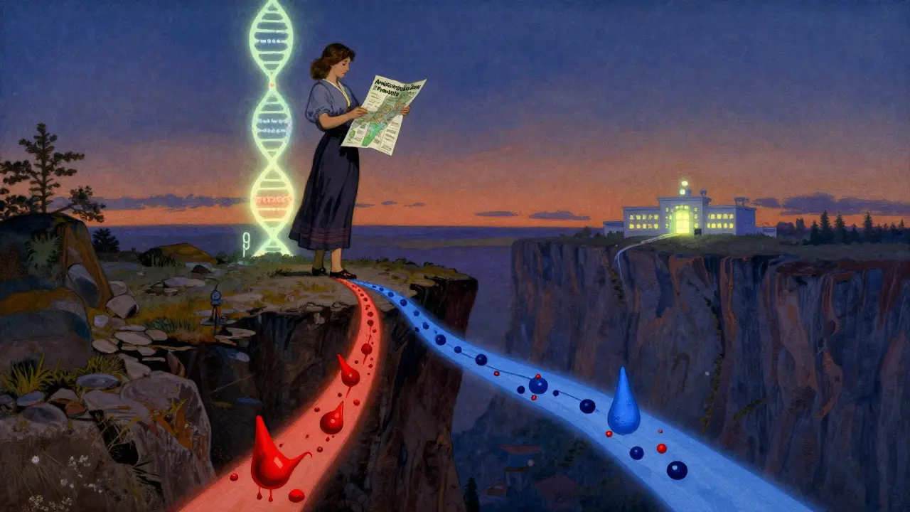 Woman at cliff’s edge with two dangerous paths below, genetic code glowing behind her.