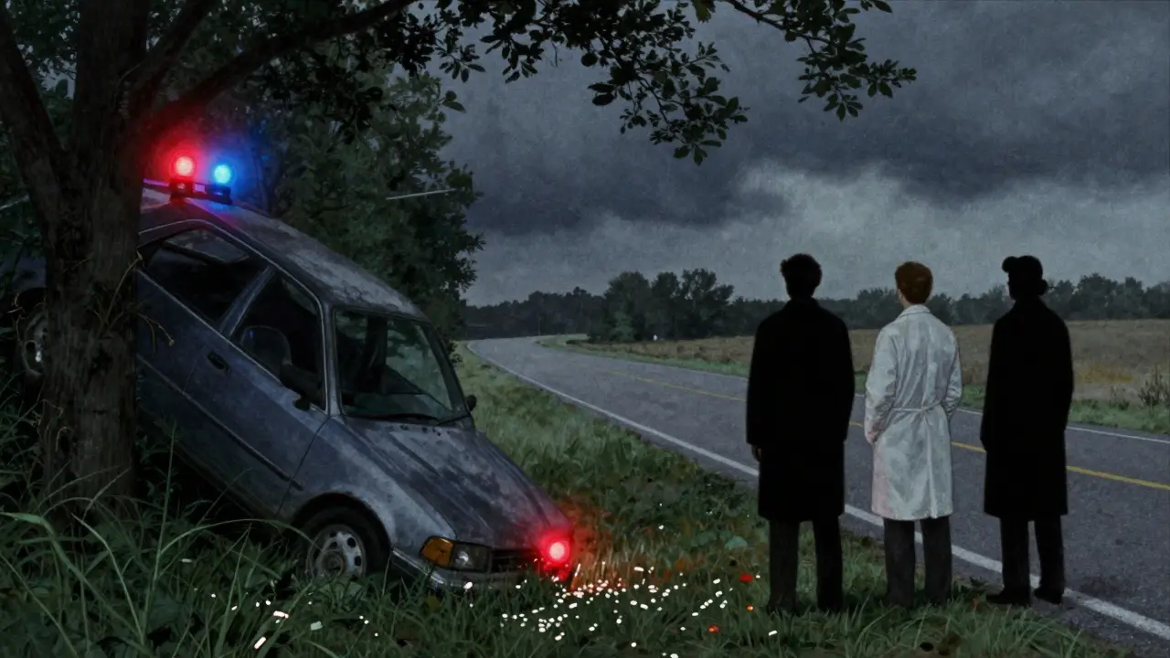 A crashed car at twilight with pills scattered on the ground, three shadowy figures watching silently in the background.