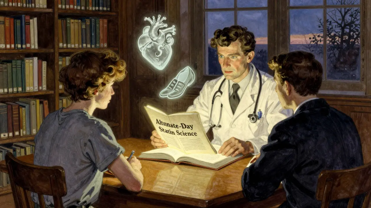 A doctor and patient review statin science in a library, with symbolic icons of heart health and cost savings glowing nearby.