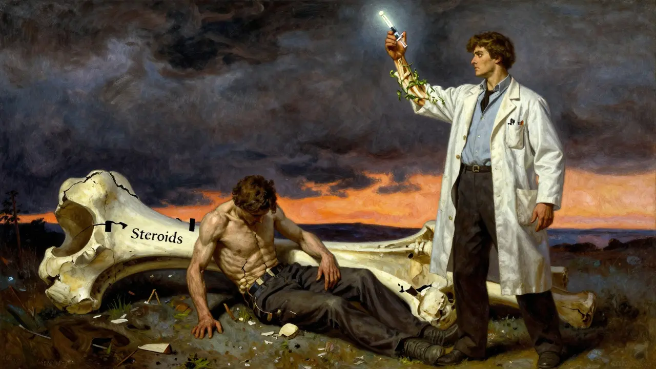 A dramatic contrast between bone collapse from steroids and rebuilding with teriparatide, painted in heroic illustrative style.