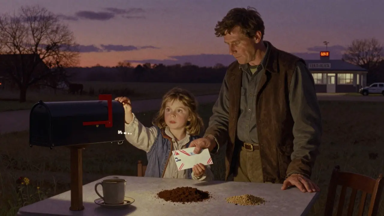 A family mails a medication disposal envelope from their home mailbox, with a take-back site visible in the distance.