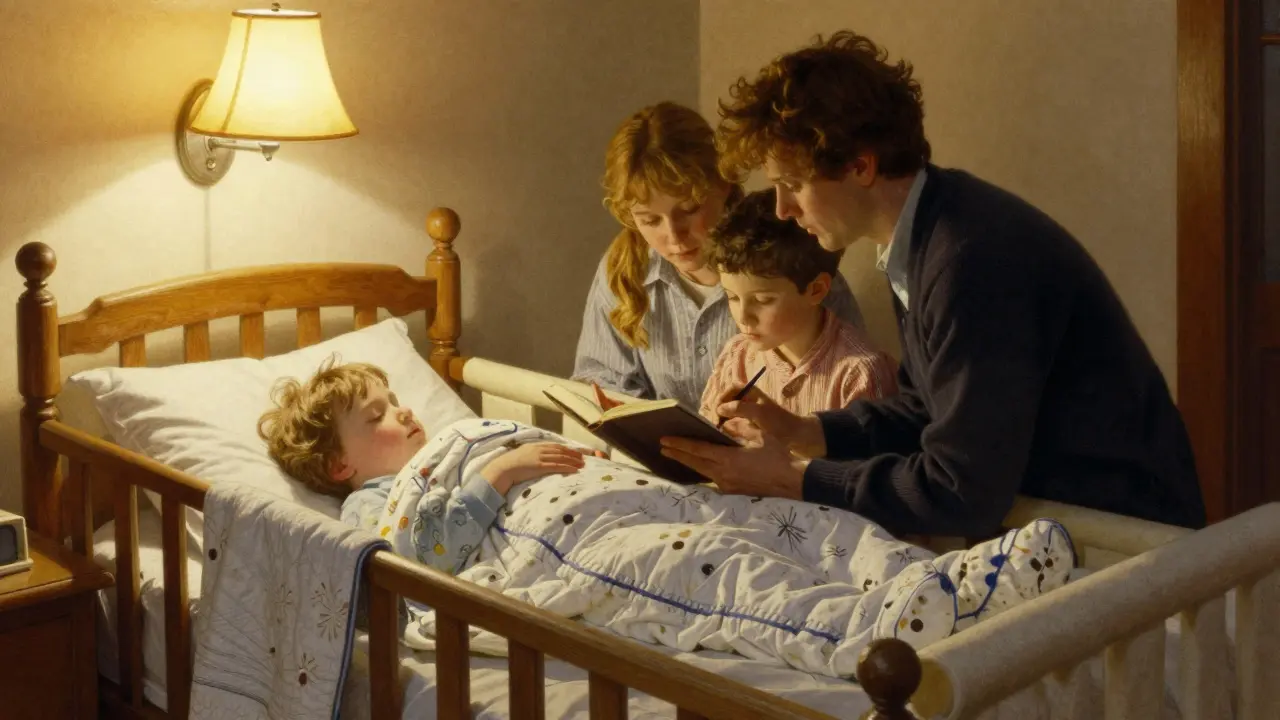 A family records sleep patterns in a morning-lit ground-floor bedroom with safety modifications.